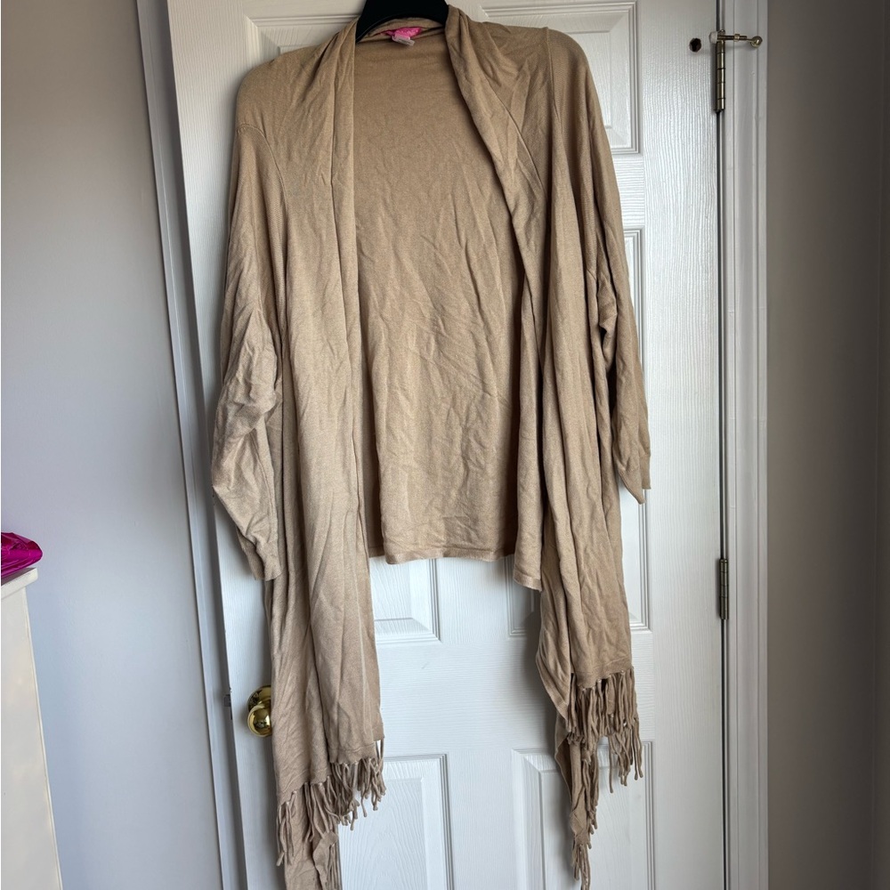Woman Within Beige Cardigan with Fringe